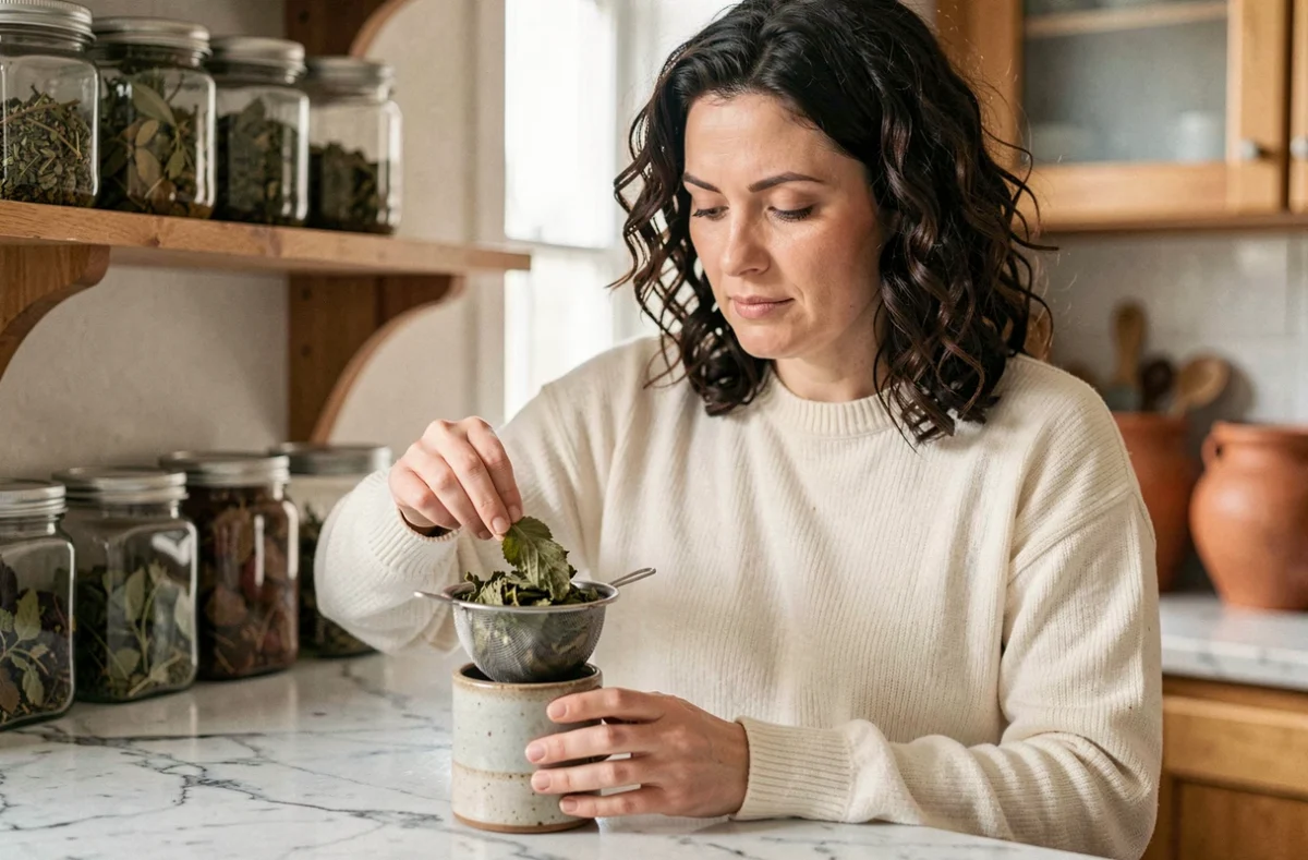 Femme préparant une infusion de feuilles de framboisier séchées dans une passoire sur une tasse en grès
