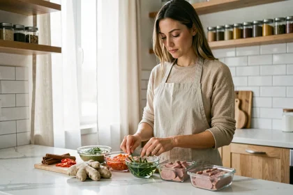 Femme préparant des repas minceur avec des aliments thermogéniques comme le gingembre, le piment et la cannelle dans une cuisine moderne