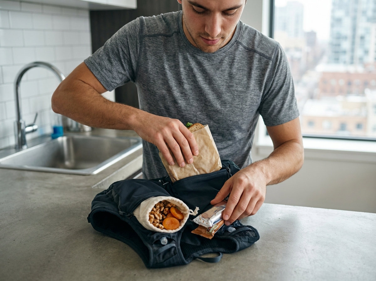 Coureur urbain préparant son sac de running avec sandwich maison, fruits secs et barres énergétiques dans une cuisine moderne
