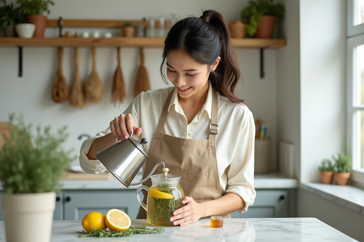 Femme versant de l'eau chaude dans une théière en verre avec du thym frais et du citron dans une cuisine rustique lumineuse