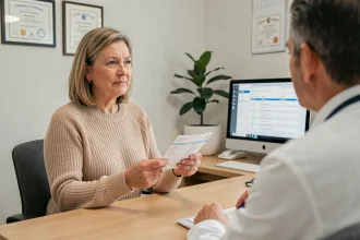 Patiente discutant de sa prise en charge à 100% avec son médecin traitant lors d'une consultation médicale