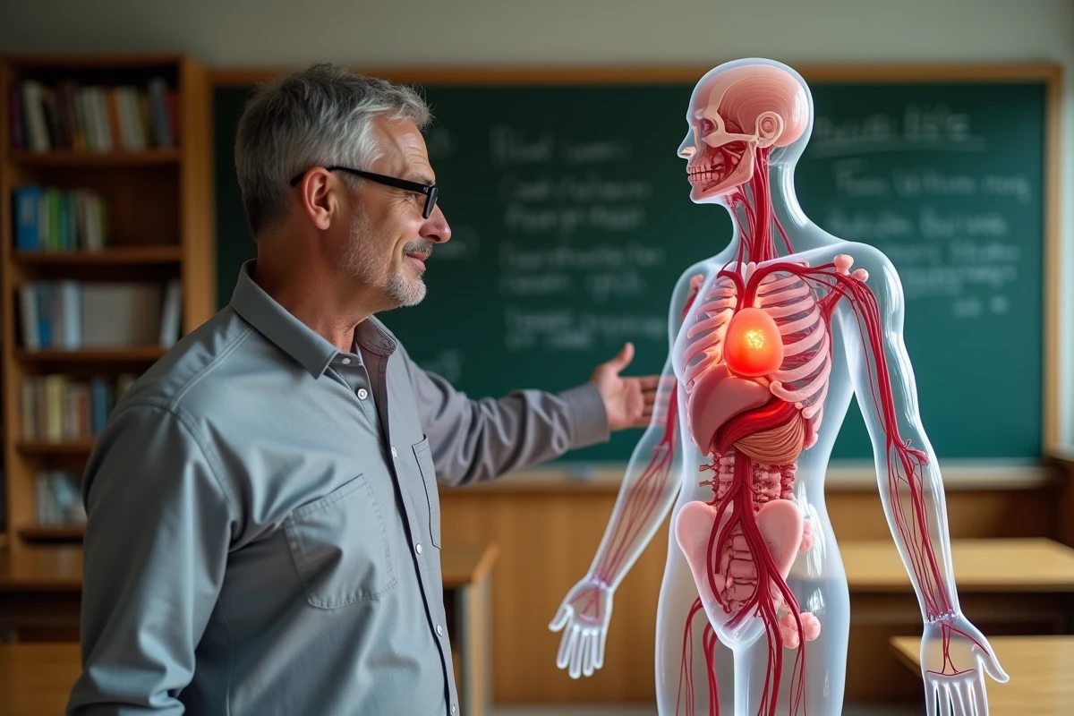 Professeur de biologie présentant un modèle anatomique du système circulatoire en salle de cours