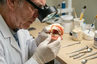 Prothésiste dentaire examinant une prothèse en résine Capdentaire usée sous loupe dans un laboratoire professionnel
