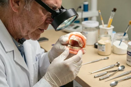 Prothésiste dentaire examinant une prothèse en résine Capdentaire usée sous loupe dans un laboratoire professionnel