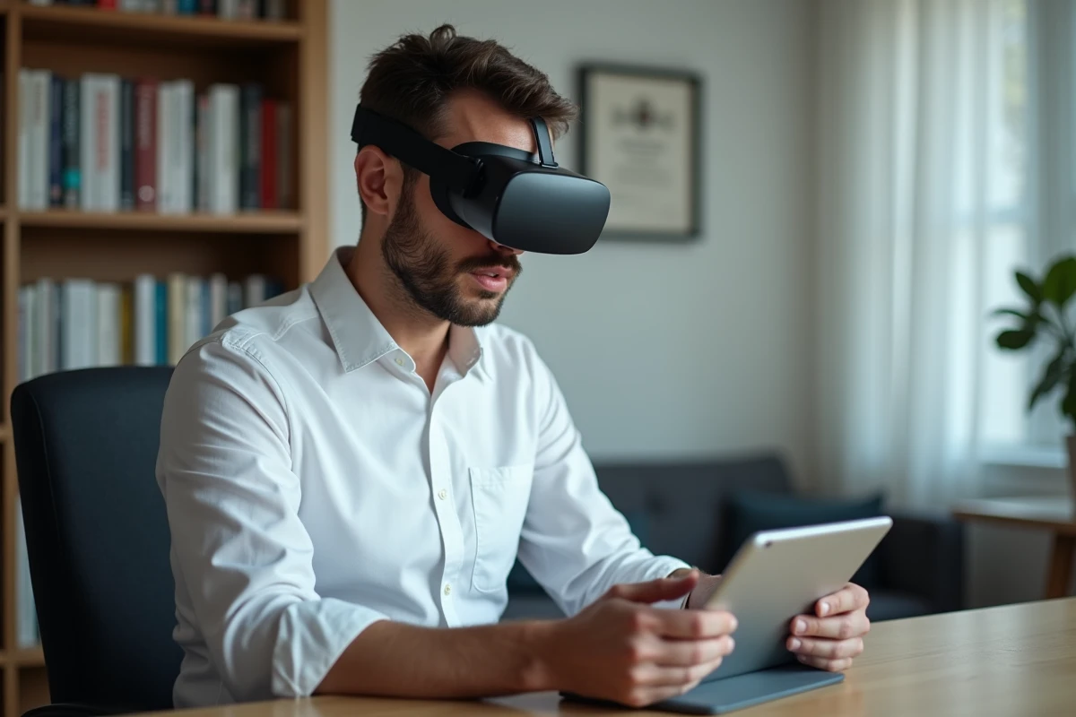Psychologue en cabinet libéral évaluant un casque de réalité virtuelle thérapeutique à prix accessible