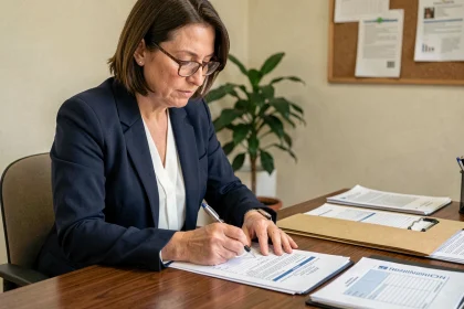 Femme remplissant un questionnaire de risque professionnel Ameli pour une maladie professionnelle dans un bureau administratif