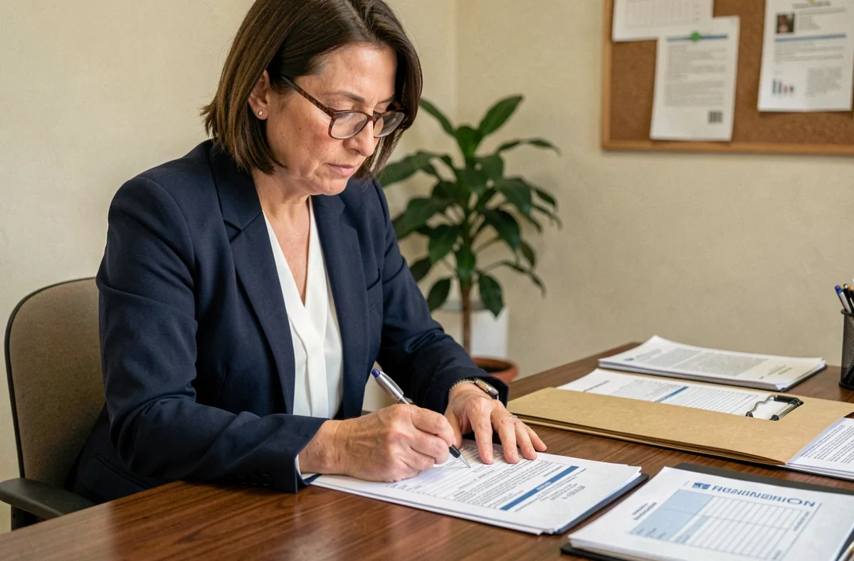 Femme remplissant un questionnaire de risque professionnel Ameli pour une maladie professionnelle dans un bureau administratif