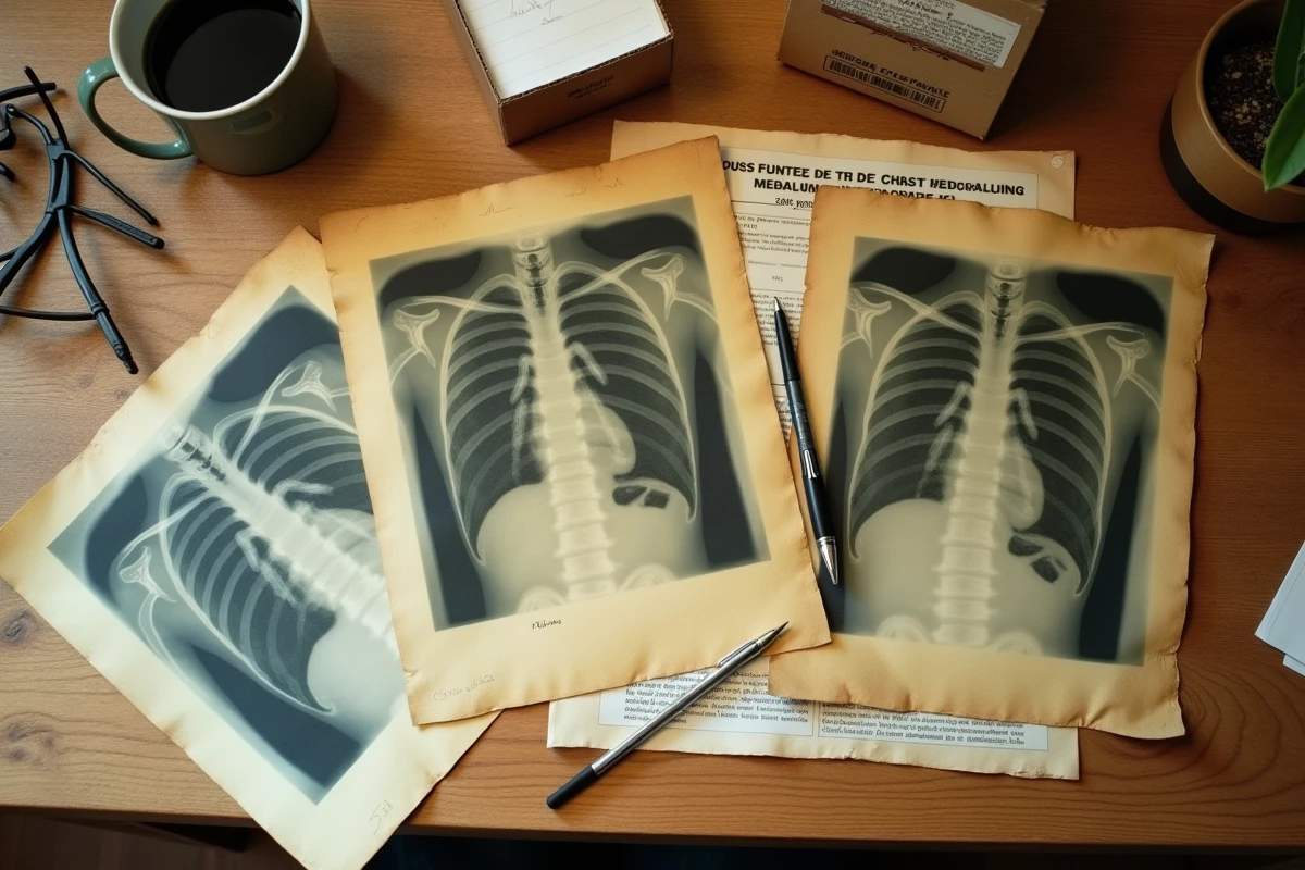 Vue de dessus de vieilles radiographies médicales posées sur un bureau avec des documents explicatifs pour leur élimination sans risque