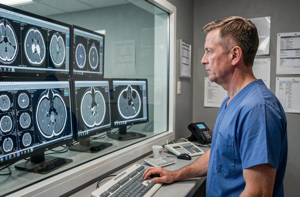 Radiologue analysant des images de scanner abdominal sur des écrans dans une salle de contrôle hospitalière