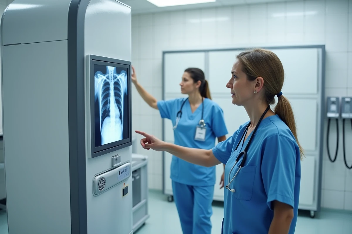 Radiologue expliquant une radiographie sur écran dans un cabinet de radiologie équipé d'une machine numérique moderne