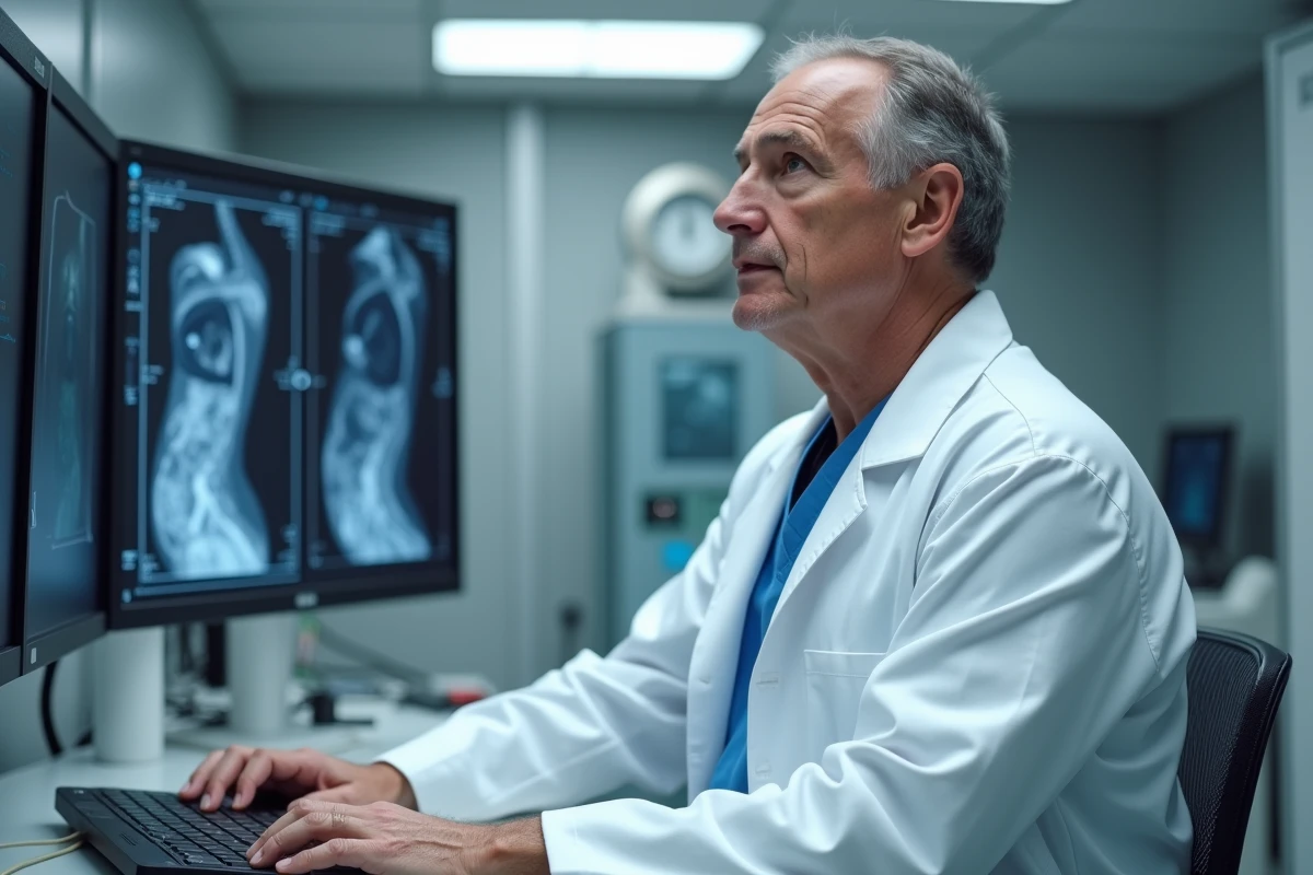 Radiologue analysant des images de TEP scan sur un poste de travail médical en milieu hospitalier