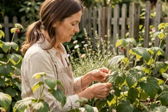 Femme récoltant des feuilles de framboisier fraîches dans un jardin pour préparer une tisane maison