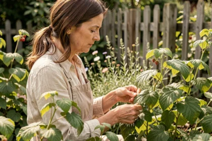 Femme récoltant des feuilles de framboisier fraîches dans un jardin pour préparer une tisane maison