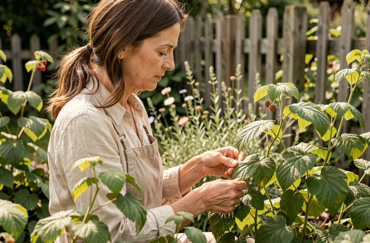Femme récoltant des feuilles de framboisier fraîches dans un jardin pour préparer une tisane maison