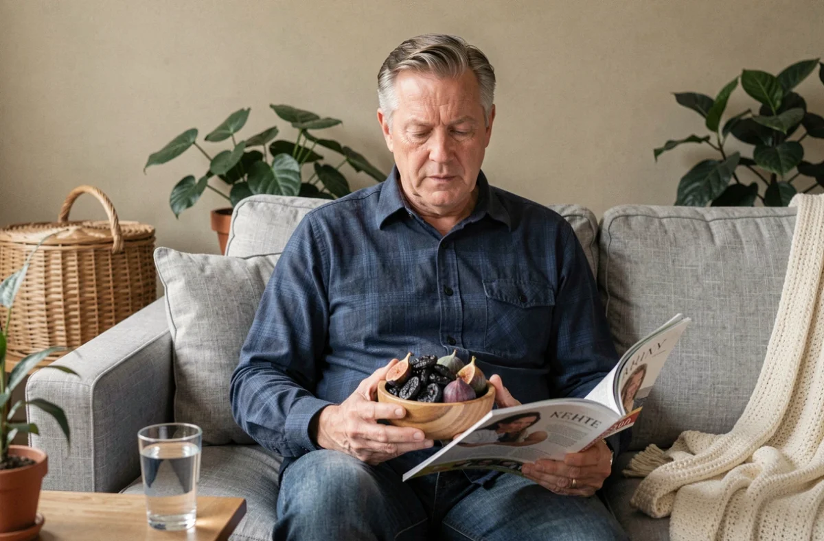 Homme consommant des pruneaux et figues pour lutter contre la constipation légère avec des remèdes naturels à domicile