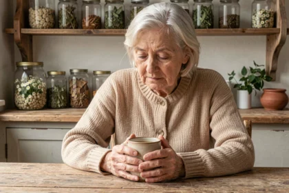 Femme âgée tenant une tasse de tisane aux herbes pour soulager la constipation avec des remèdes de grand-mère