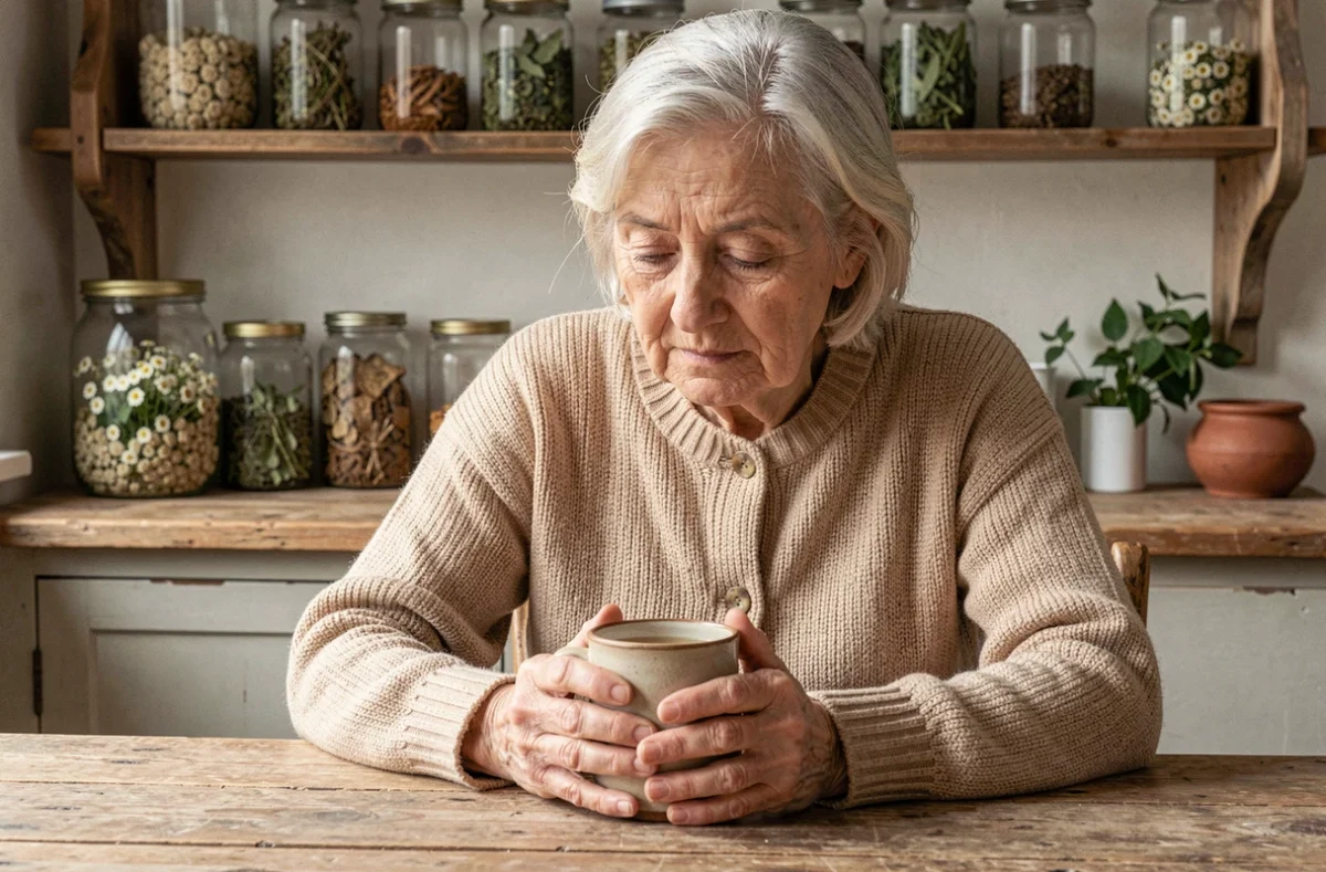 Femme âgée tenant une tasse de tisane aux herbes pour soulager la constipation avec des remèdes de grand-mère