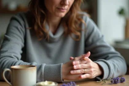 Femme massant sa main pour soulager des paresth&eacute;sies avec des rem&egrave;des de grand-m&egrave;re &agrave; base de plantes sur une table en bois