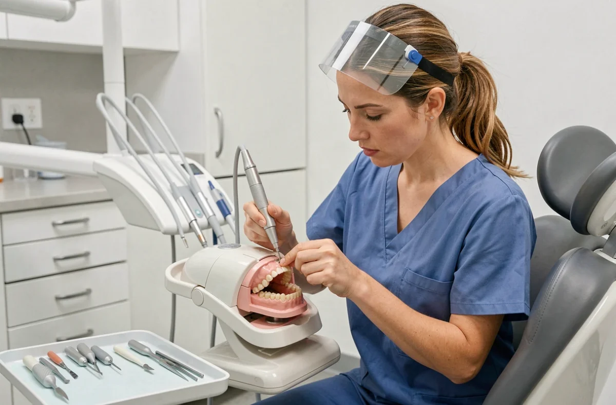 Chirurgien-dentiste effectuant une reprise et réparation sur une ancienne prothèse dentaire en résine sur articulateur en cabinet