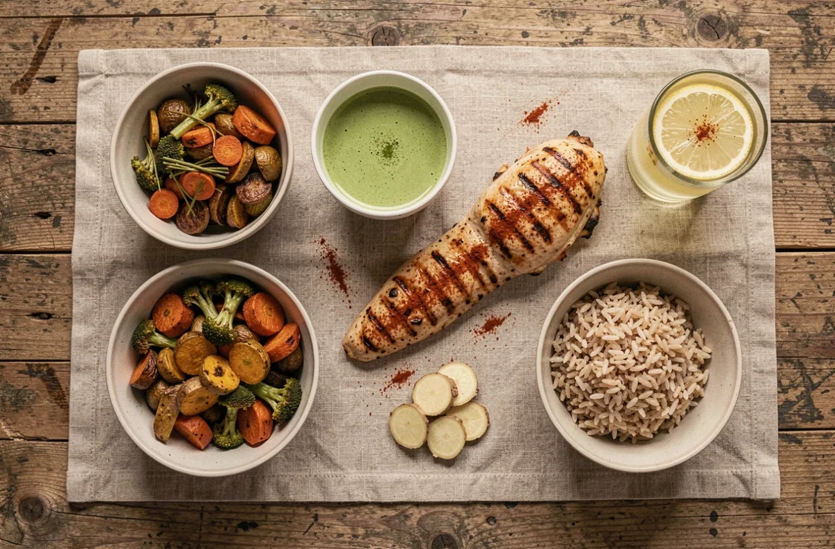 Vue du dessus d'un repas équilibré avec aliments thermogéniques incluant poulet épicé, curcuma, gingembre et thé matcha
