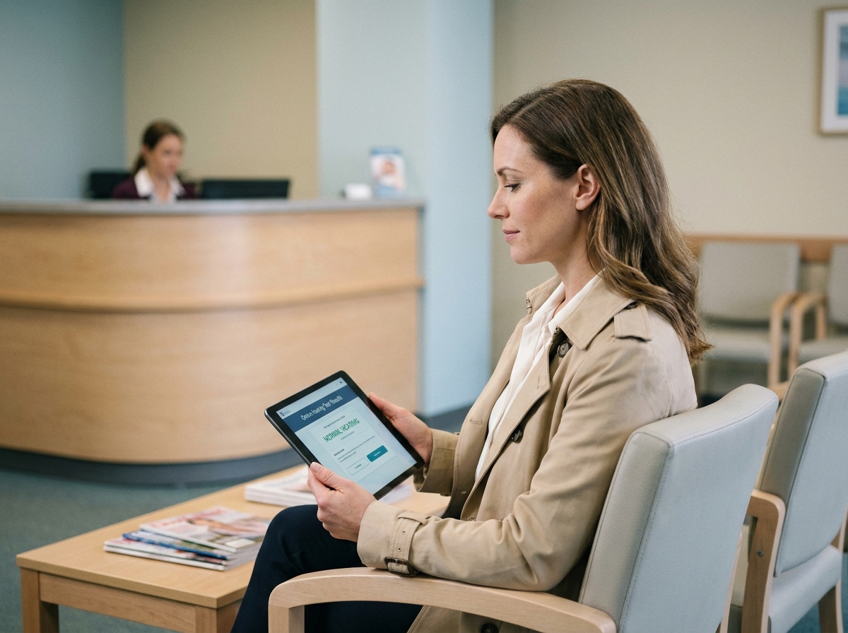 Femme consultant les résultats d'un test auditif en ligne sur tablette dans une salle d'attente médicale