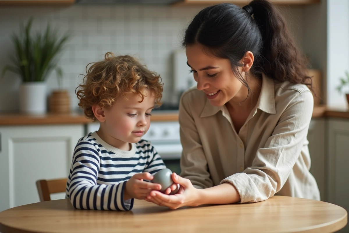 Maman remettant une worrying stone à son fils anxieux à la table de cuisine familiale