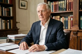 Portrait d'un homme âgé et distingué assis dans un bureau parisien, illustrant un article sur Roland Cayrol et sa santé en 2026