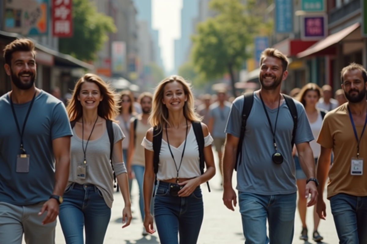 Gens dans la ville portant des écouteurs en journée dynamique