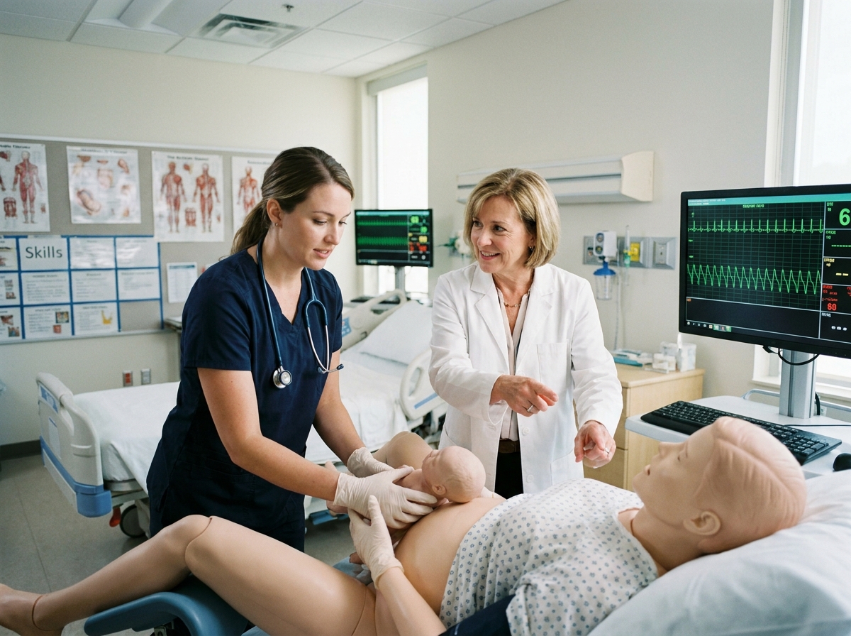 Sage-femme participant à un atelier de simulation clinique avec une formatrice dans un centre de formation médicale