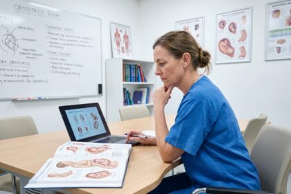 Sage-femme en formation continue révisant des documents médicaux sur un ordinateur portable dans une salle de formation hospitalière