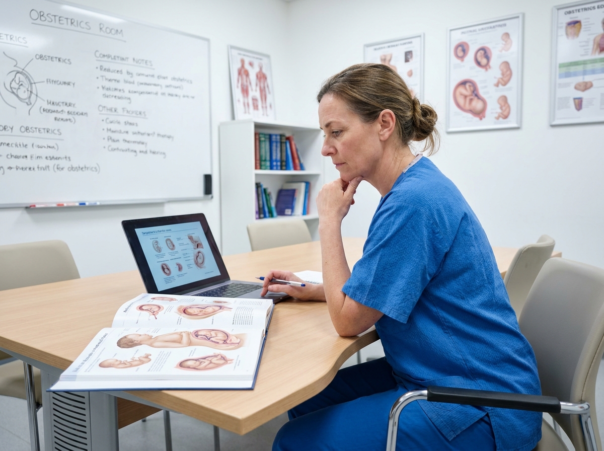 Sage-femme en formation continue révisant des documents médicaux sur un ordinateur portable dans une salle de formation hospitalière