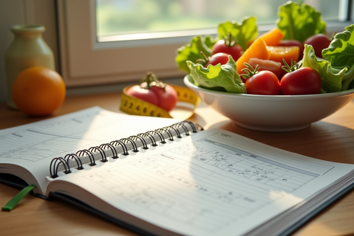 Salade colorée sur une table avec journal et mètre ruban
