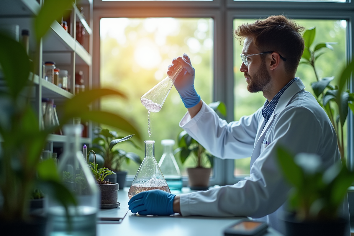 Scientifique dans un laboratoire avec vue sur la nature