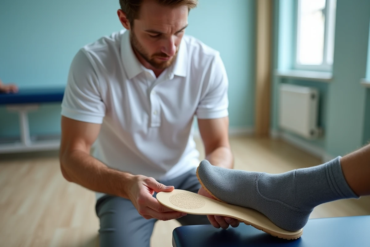 Physiothérapeute ajustant une semelle orthopédique pour traiter une épine calcanéenne