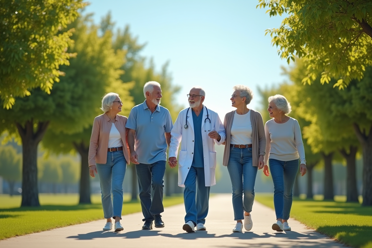 Groupe de seniors et soignant marchant dans un parc lumineux