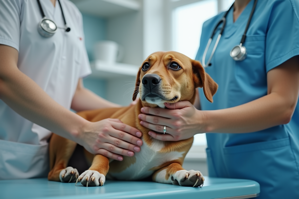 Mains tenant doucement le ventre d’un chien lors d’un examen vétérinaire