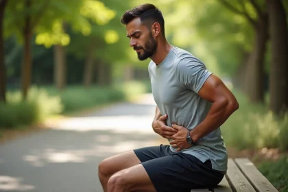 Sportif assis sur un banc après une course tenant son abdomen, illustrant l'inconfort digestif lié à l'effort physique