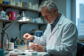 Technicien dentaire en concentration inspectant un appareil