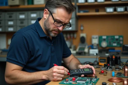 Technicien électronicien mesurant une tension précise avec un multimètre numérique sur un circuit imprimé en atelier