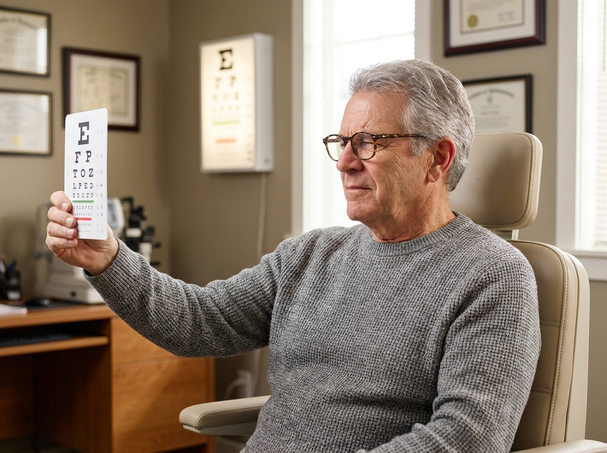 Patient âgé réalisant un test d'acuité visuelle lors d'une consultation chez l'ophtalmologue