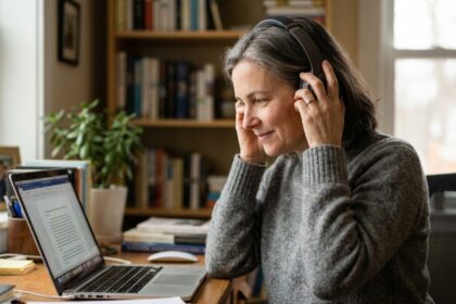 Femme d'une cinquantaine d'années réalisant un test auditif en ligne depuis son bureau à domicile avec un casque audio