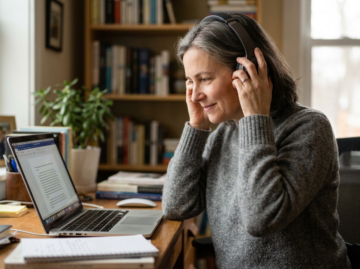 Femme d'une cinquantaine d'années réalisant un test auditif en ligne depuis son bureau à domicile avec un casque audio