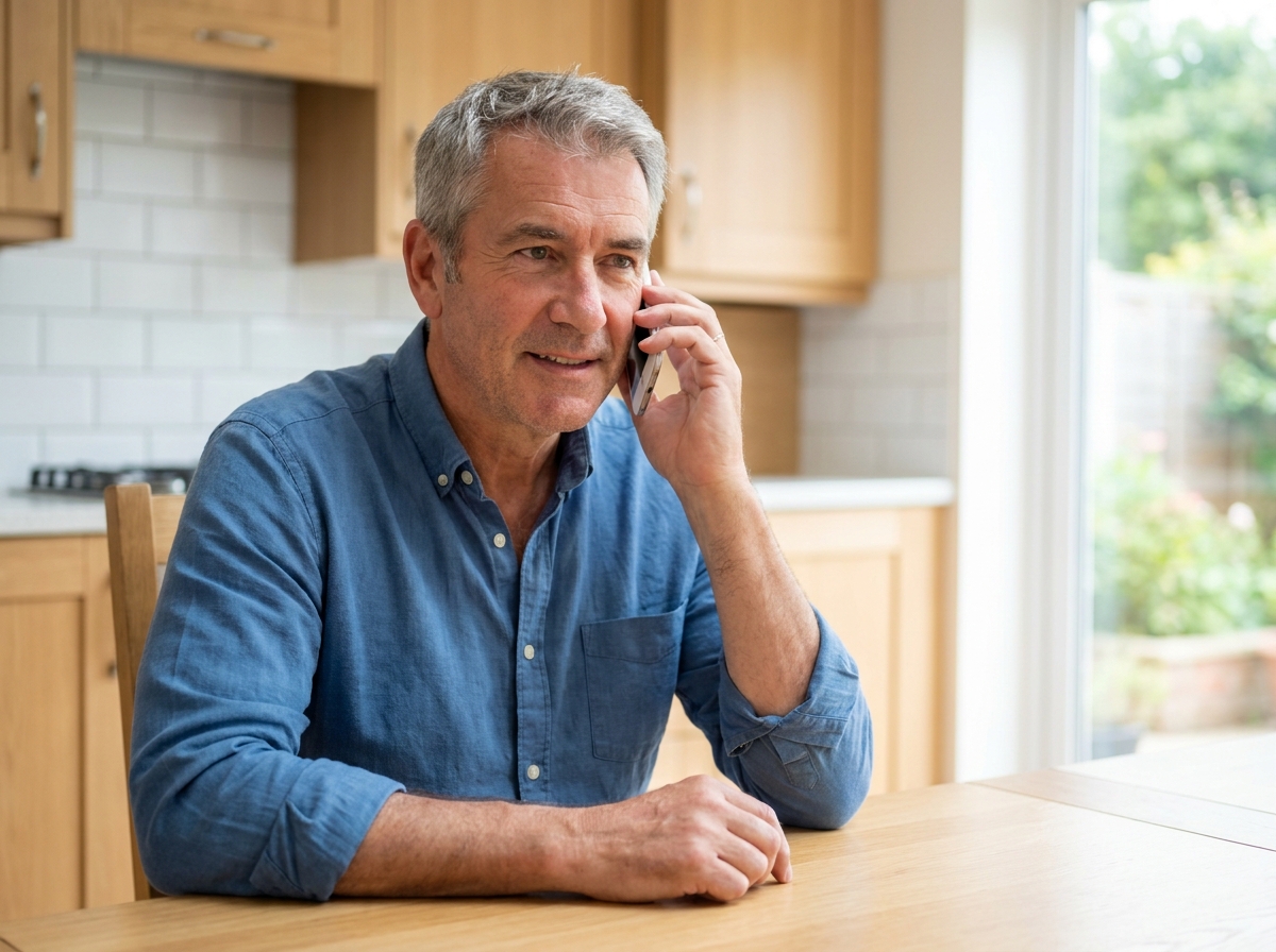 Homme senior effectuant un test auditif en ligne sur smartphone assis dans une cuisine moderne