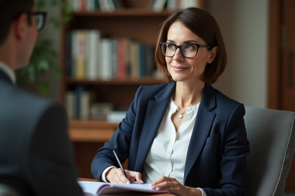 Therapeute femme attentive dans un bureau chaleureux