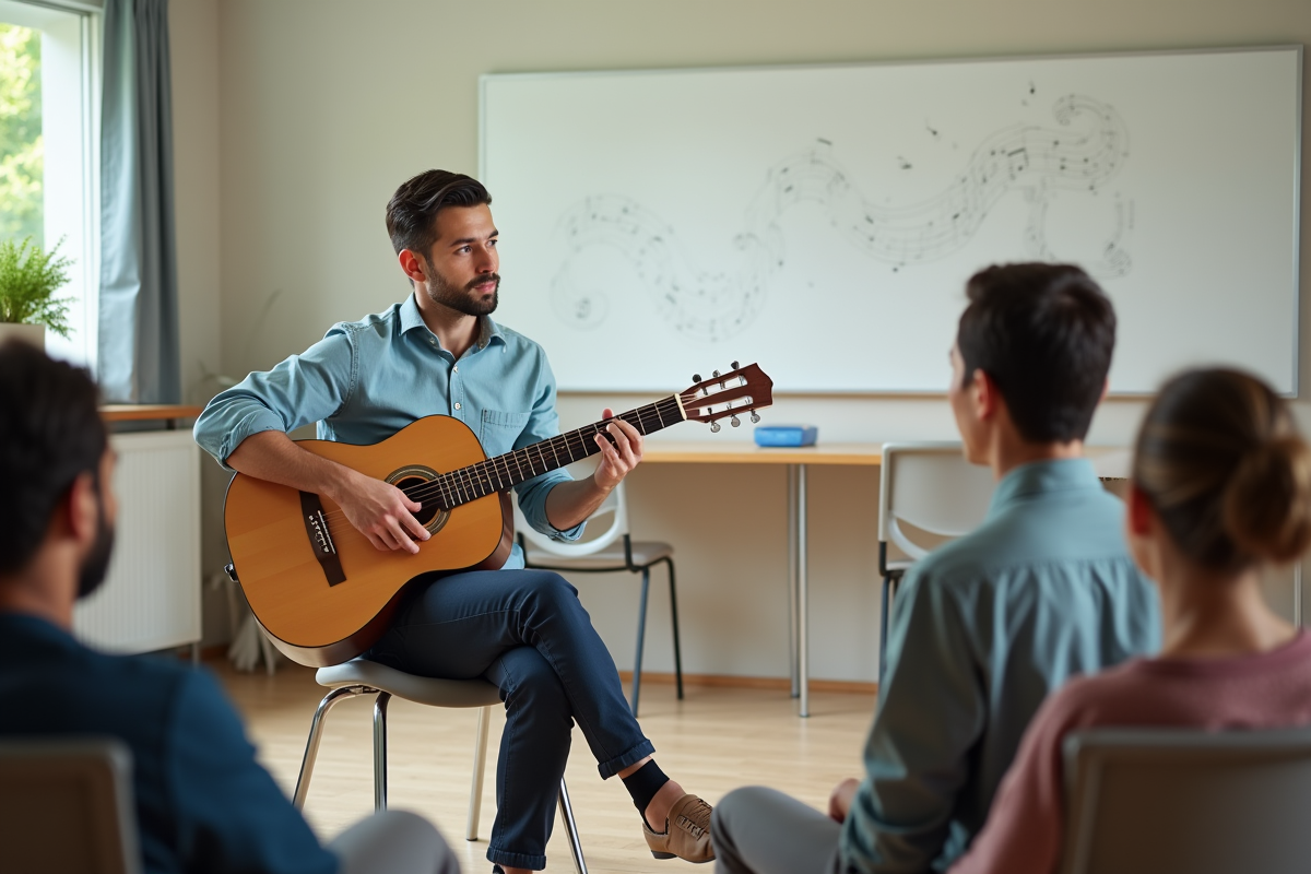 Jeune musicothérapeute joue de la guitare avec un groupe d
