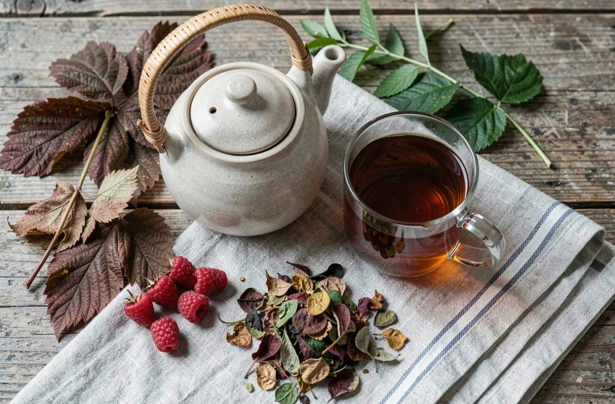 Tisane de feuilles de framboisier dans une théière et une tasse en verre sur une table en bois rustique