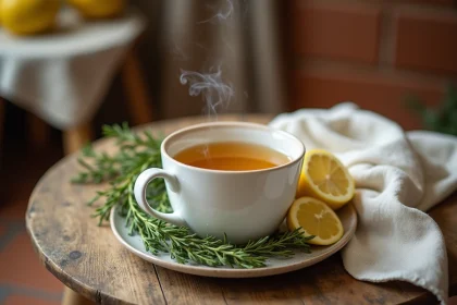 Tisane de thym dorée dans une tasse en céramique blanche avec des branches de thym frais et des tranches de citron sur une table en bois rustique
