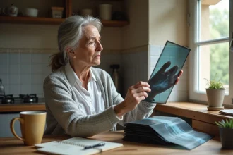 Femme triant de vieilles radiographies médicales sur une table de cuisine pour savoir comment les éliminer correctement