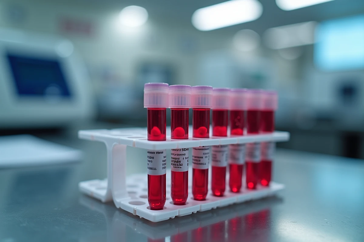 Tubes &agrave; essai contenant des &eacute;chantillons de sang dans un laboratoire d'analyse m&eacute;dicale, repr&eacute;sentant les analyses sanguines utilis&eacute;es pour mesurer la TCMH dans le cadre d'un suivi oncologique