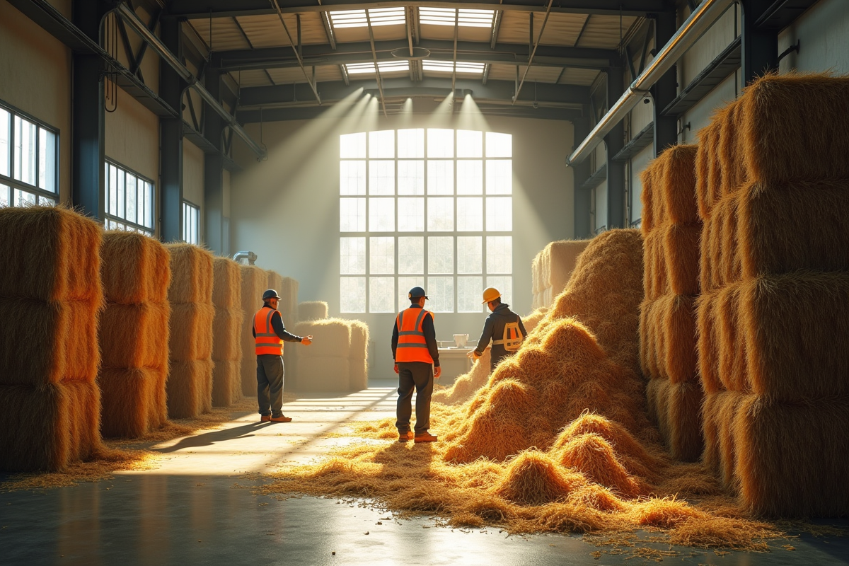 Usine moderne avec bottes de chanvre récolté et ouvriers inspectant la fibre